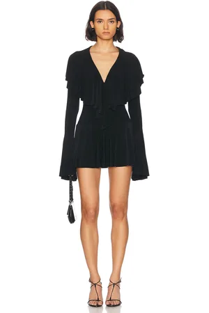 Norma Kamali Long Sleeve Deep V Ruffle Mini Dress in
