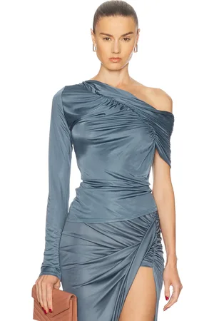 Atlein Off The Shoulder One Sleeve Ruched Top in Blue
