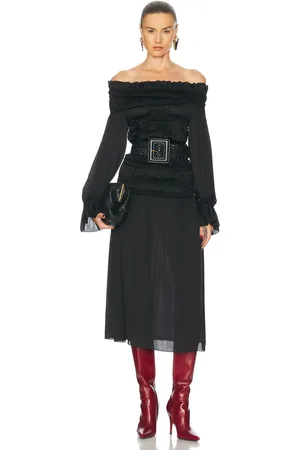 Saint Laurent Off The Shoulder Midi Dress in Black