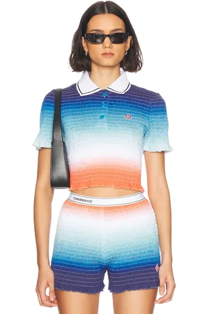 Casablanca Shirred Polo Top in Blue