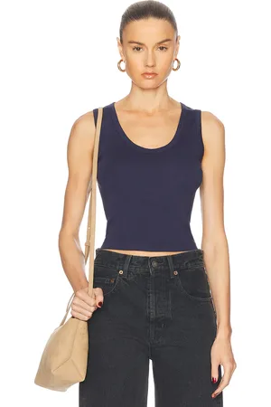 ENZA COSTA Supima Rib Baby Cropped Fitted U Tank Top in Navy