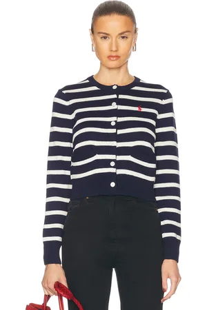 Ralph Lauren Striped Cotton Crewneck Cardigan in Navy
