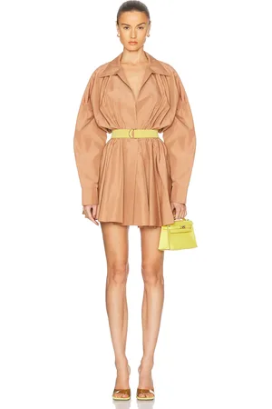 Norma Kamali Super Oversized Boyfriend Shirt Flared Mini Dress in Brown