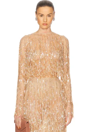 LAPOINTE Fringe Sequin Cropped Top in Metallic Neutral