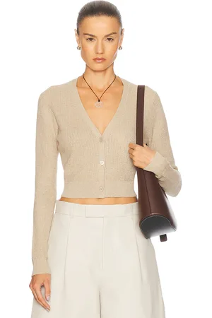 ENZA COSTA Linen Open Knit Cropped V-Neck Cardigan in Beige