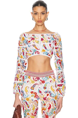 Etro Long Sleeve Cropped Top in White,Orange