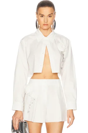 AREA Crystal Rosette Poplin Cropped Shirt in Ivory