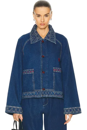 BODE Embroidered Denim Jacket in Denim-Dark