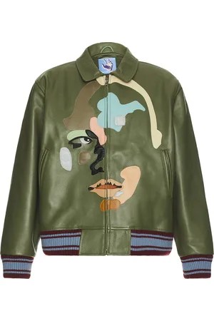KIDSUPER STUDIOS Patchwork Face Leather Varsity Jacket in Army