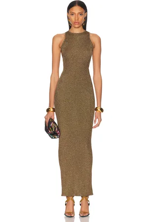 Saint Laurent Sleeveless Long Dress in Metallic Gold