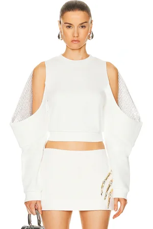 AREA Crystal Embellished Cold Shoulder Sweatshirt in White