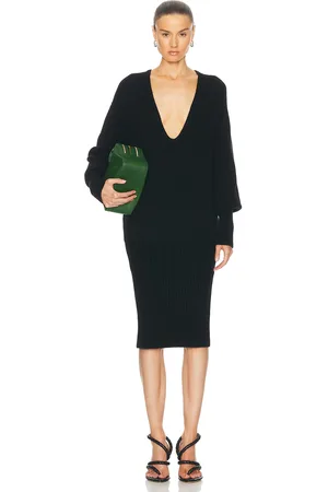 Salvatore Ferragamo Plunge Neck Midi Dress in Black