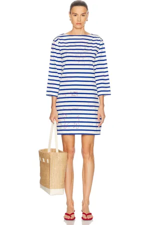 BODE Margate Dress in White,Blue