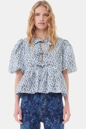 Ganni Floral Printed Cotton Poplin Peplum Blouse