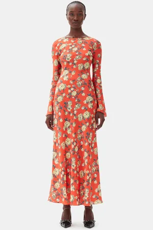 Ganni Orange Floral Printed Satin Maxi Dress