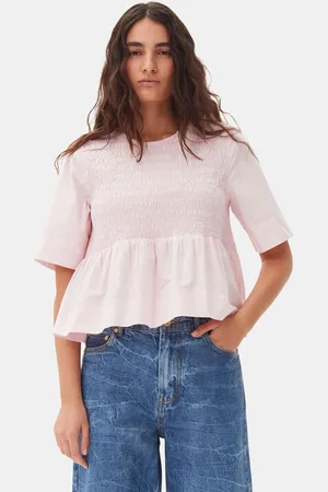 Ganni Pink Cotton Poplin Open Back Smock Blouse