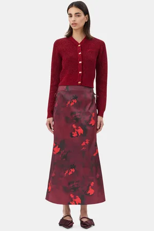 Ganni Red Printed Satin Maxi Skirt
