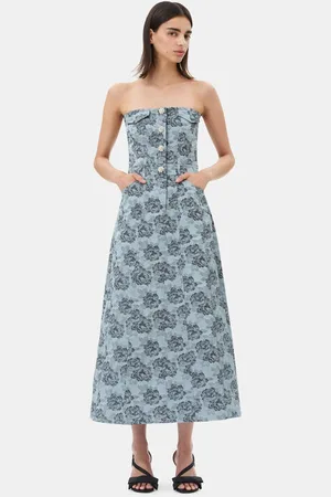Ganni Blue Floral Jacquard Long Corsage Dress