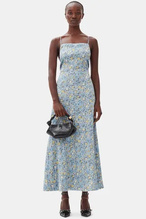 Ganni Blue Floral Crinkled Satin Long Dress