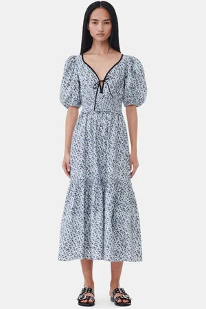 Ganni Blue Floral Printed Cotton Long Smock Dress