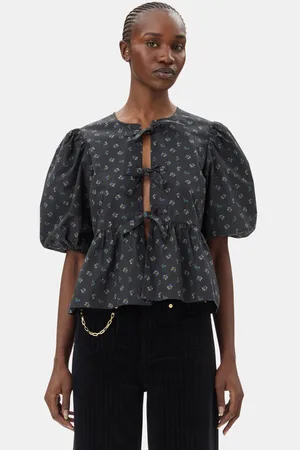 Ganni Black Printed Cotton Peplum Blouse