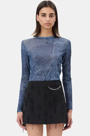 Ganni Blue Printed Mesh Long Sleeve Blouse