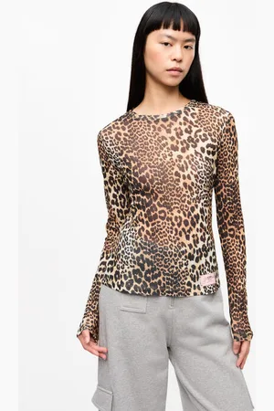 Ganni Printed Mesh Long Sleeve Blouse