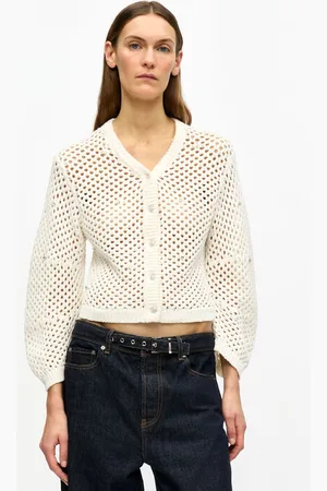 Ganni Off-White Rhinestone Cotton Pointelle Cardigan