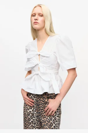 Ganni White Washed Stretch Cotton Tie Strap Blouse