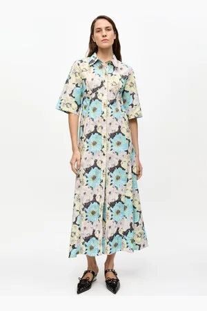 Ganni Floral Printed Cotton Long Shirt Dress