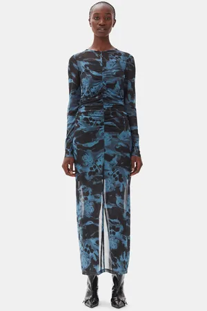 Ganni Blue Printed Mesh O-neck Ruched Long Dress