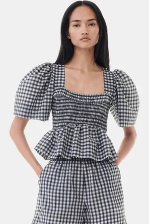 Ganni Seersucker Check Open-neck Smock Blouse