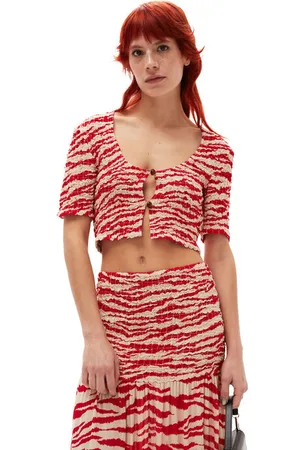 Ganni Printed Georgette Cropped Smock Blouse