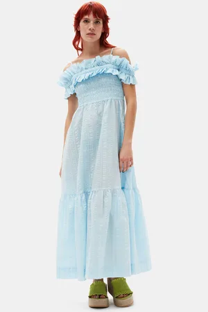 Ganni Seersucker Check Smock Maxi Dress