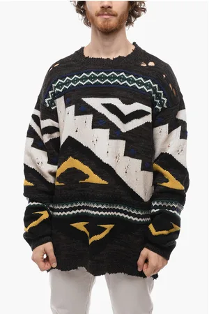 RAMAEL Distressed Jacquard Cashmere Blend Pullover with Crew Neck
