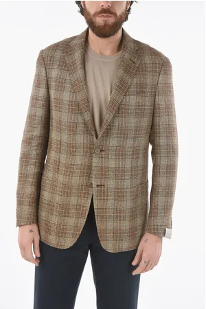 corneliani Plaid flax and virgin wool side vents notch lapel 2-button b