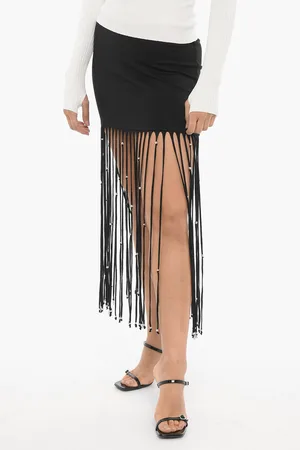 ROTATE Solid Color Miniskirt with Fringes and Stud