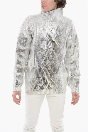 Balmain Lamè Coated Wool Blend Pullover with Turtleneck