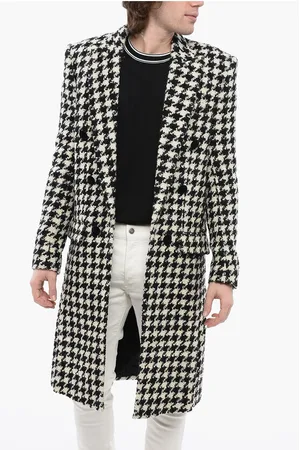 Balmain Houndstooth Patterned Tweed Coat with Velour Buttons