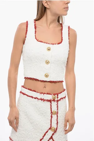 Balmain Eyelash Crop Top with Logoed Buttons