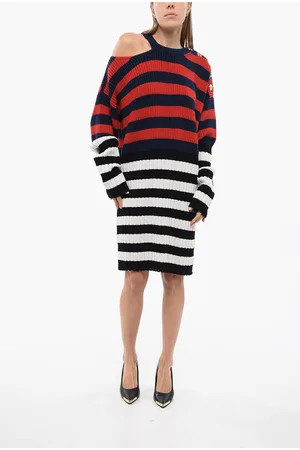 Balmain Knitted Cut-out Dress with Striped Pattern