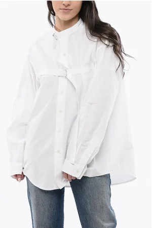 R13 Solid Color Mandarin Collar Shirt with Belt Details
