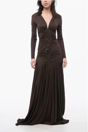 Saint Laurent Jersey Gathered Dress with V-neckline