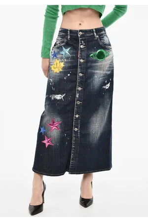 Dsquared2 Denim Maxi Skirt With Metallic Leather Patches