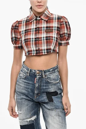 Dsquared2 Checked Cropped Blouse with Leather Logo