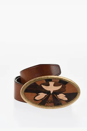 Dsquared2 Leather Belt with Maxi Oval Metal Buckle and Wooden Detail 4