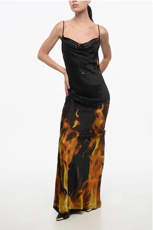 Balmain Satin Long Dress with Flames Print