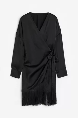 H&M Women Fringe Dresses - Fringe-trimmed Satin Wrap Dress