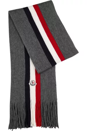 Moncler Men Winter Scarves - Grey Striped Ribbed Wool Scarf