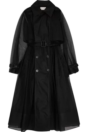 Alexander McQueen Women Trench Coats - Double-breasted Mesh Trench Coat - Black - 12